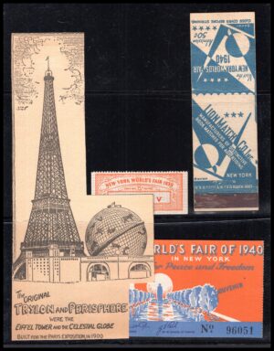 לוט 111 – אוסף תערוכת העולם של ניו-יורק 1939/1940 – כרטיסים, גפרוריה, בול | Lot 111 – New York World's Fair 1939/1940 Collection – Tickets, Matchbook, Cinderella Stamp