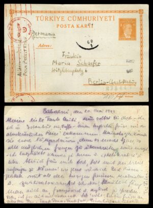 לוט 131 – גלויית נייר כתיבה טורקית עם בול אתאטורק, בבאסקי 1942 לברלין, צנזורה גרמנית | Lot 131 – Turkish Republic Postal Stationery Atatürk Stamp, Babaeski 1942 to Berlin, German WWII Censor