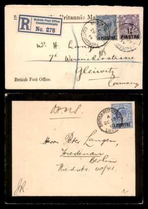 לוט 136 – שתי מעטפות בריטיות לבנט: קונסטנטינופול מס' 278 + סמירנה, בולי חריגת לבנט | Lot 136 – Two British Levant Covers: Constantinople No. 278 + British Post Office Smyrna, Levant Overprint Stamps