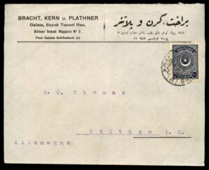 לוט 149 – מעטפת עסקים "בראכט, קרן ופלאטנר" גלאטה קונסטנטינופול עם בול טורקי, לגרמניה | Lot 149 – "Bracht, Kern u. Plathner" Galata Constantinople Business Cover, Turkish Stamp, to Germany