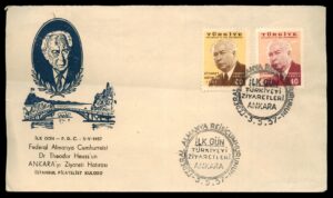 לוט 151 – מעטפת יום ראשון טורקיה ביקור נשיא גרמניה המערבית ד"ר תיאודור הויס באנקרה 1957 | Lot 151 – Turkey FDC Dr. Theodor Heuss West Germany President Visit to Ankara, 5 May 1957