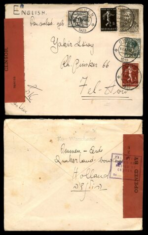 לוט 162 – מעטפה צנזורה הולנד לפלשתינה (א"י), 1939 – אומן לתל-אביב | Lot 162 – Censored Cover Netherlands to Palestine, 1939 – Ommen to Tel-Aviv