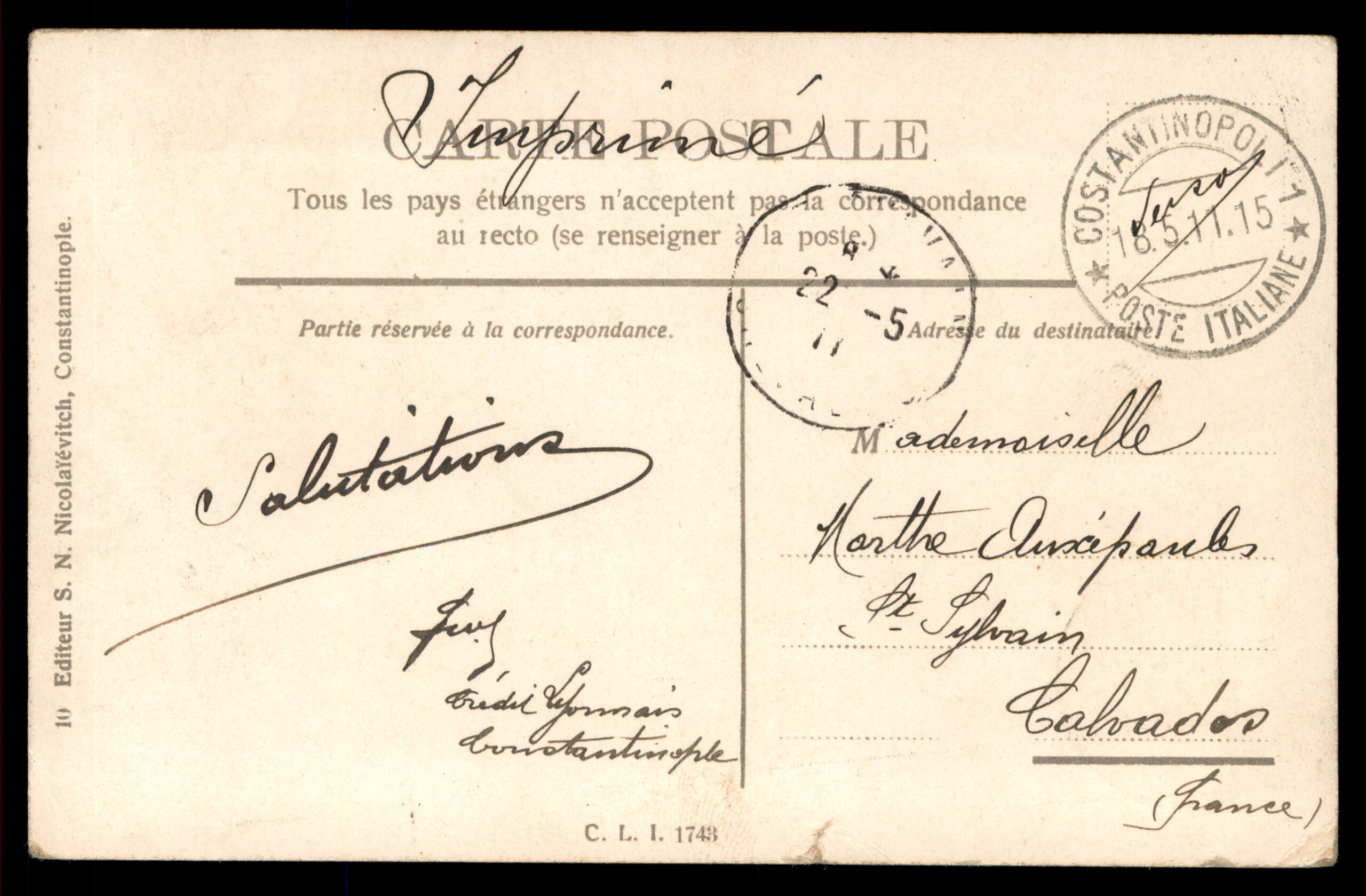 לוט 170 – גלויה קונסטנטינופול – האי חלקי, איי הנסיכים, בול דואר איטלקי לבנט 1911 | Lot 170 – Constantinople Postcard – Halki, Princes' Islands, Italian Levant Stamp, 1911 – תמונה 2