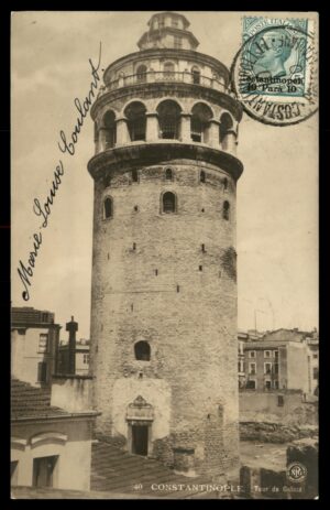 לוט 171 – גלויה קונסטנטינופול – מגדל גלטה, בול דואר איטלקי לבנט | Lot 171 – Constantinople Postcard – Galata Tower, Italian Levant Stamp