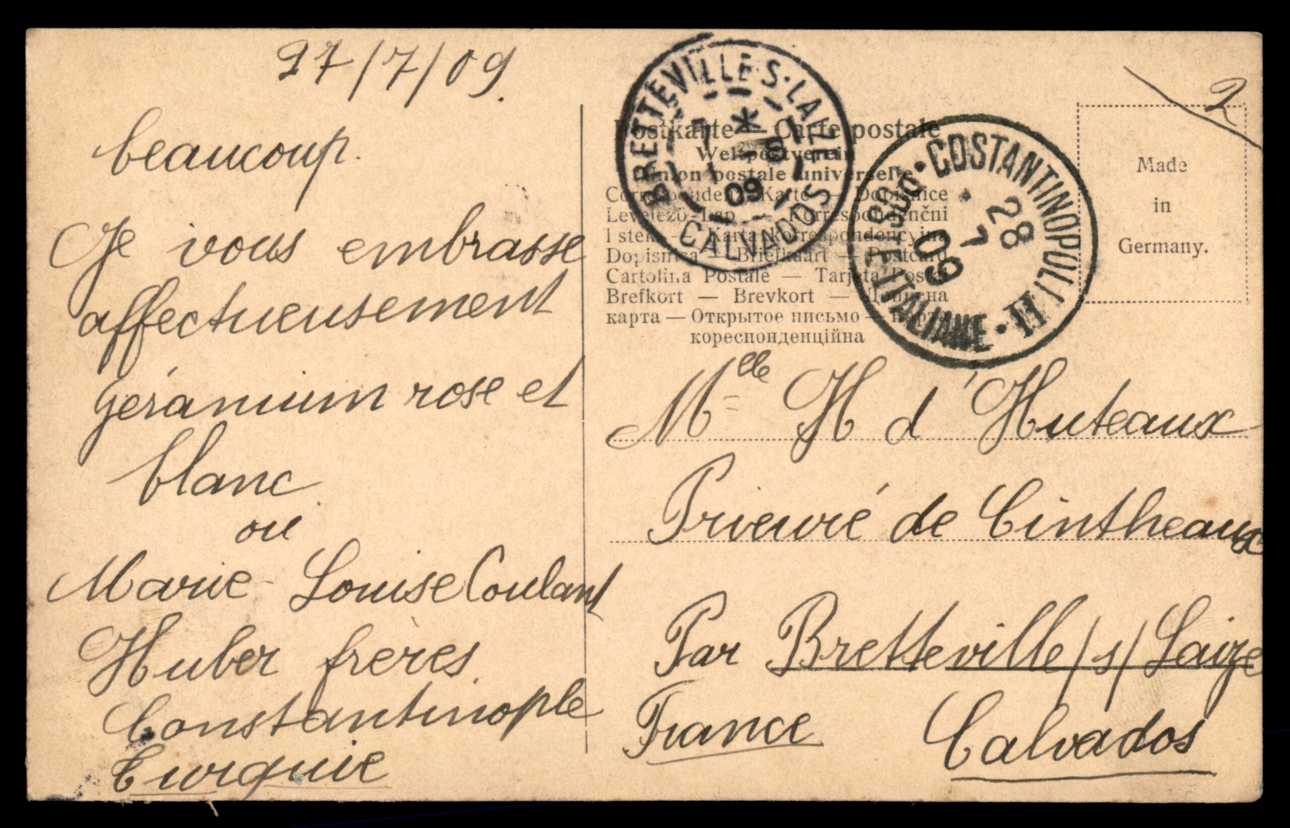 לוט 173 – גלויה קונסטנטינופול – סצנת רחוב, מוכר מים, בול דואר איטלקי לבנט | Lot 173 – Constantinople Postcard – Street Scene, Water Seller, Italian Levant Stamp – תמונה 2