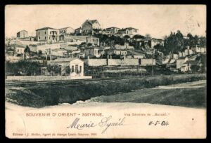 לוט 195 – גלויה סמירנה – מבט כללי על באיירקלי, דואר עותמאני | Lot 195 – Smyrna Postcard – General View of Bairakli, Ottoman Post