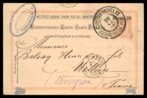 לוט 211 – גלויית דואר אוסטרי בלבנט – קונסטנטינופול למילו, צרפת, 1899 | Lot 211 – Austrian Levant Postal Stationery – Constantinople to Millau, France, 1899