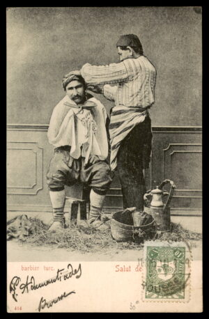 לוט 214 – גלויה ברוסה – ספר טורקי, דואר עות'מאני | Lot 214 – Brousse Postcard – Turkish Barber (Barbier Turc), Ottoman Post