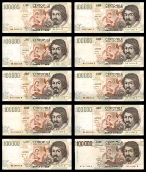 לוט 215 – שטרות איטליה – 100,000 לירה, קרוואג'ו, בנקו ד'איטליה | Lot 215 – Italy Banknotes – 100,000 Lire, Caravaggio, Banca d'Italia