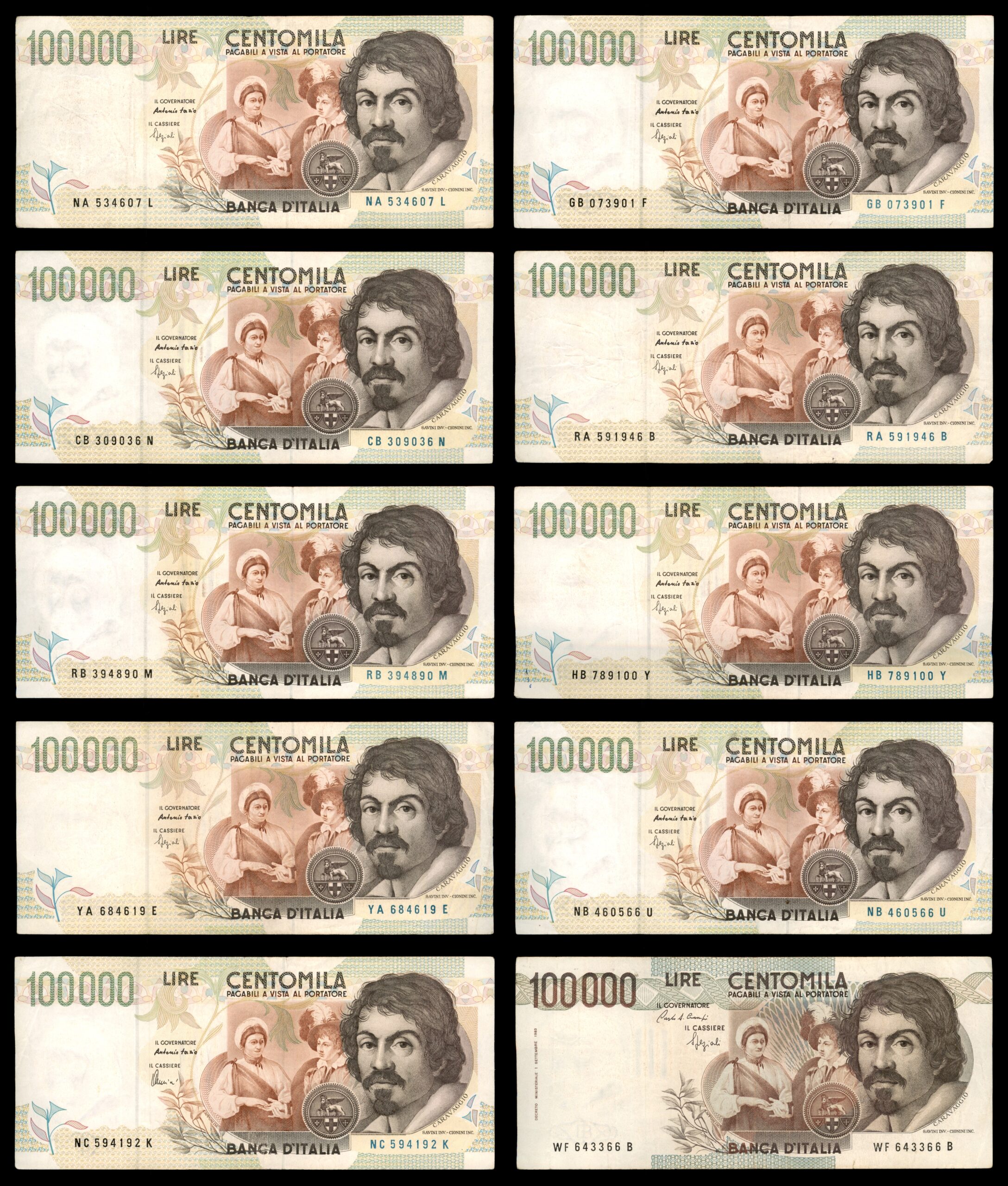 לוט 215 – שטרות איטליה – 100,000 לירה, קרוואג'ו, בנקו ד'איטליה | Lot 215 – Italy Banknotes – 100,000 Lire, Caravaggio, Banca d'Italia