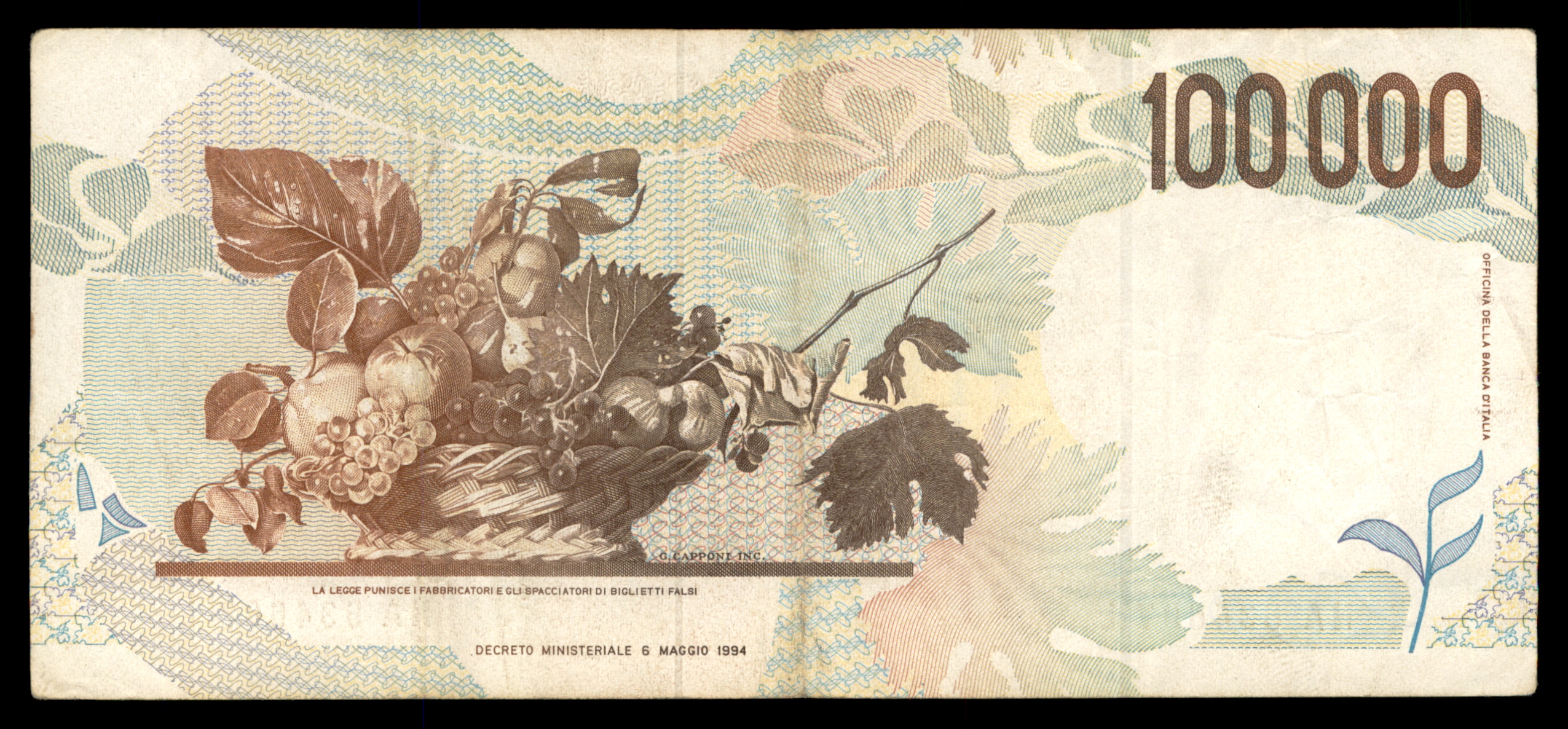 לוט 215 – שטרות איטליה – 100,000 לירה, קרוואג'ו, בנקו ד'איטליה | Lot 215 – Italy Banknotes – 100,000 Lire, Caravaggio, Banca d'Italia – תמונה 3