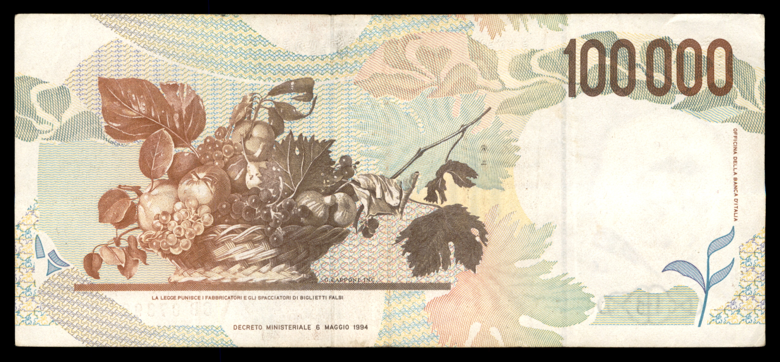 לוט 215 – שטרות איטליה – 100,000 לירה, קרוואג'ו, בנקו ד'איטליה | Lot 215 – Italy Banknotes – 100,000 Lire, Caravaggio, Banca d'Italia – תמונה 5