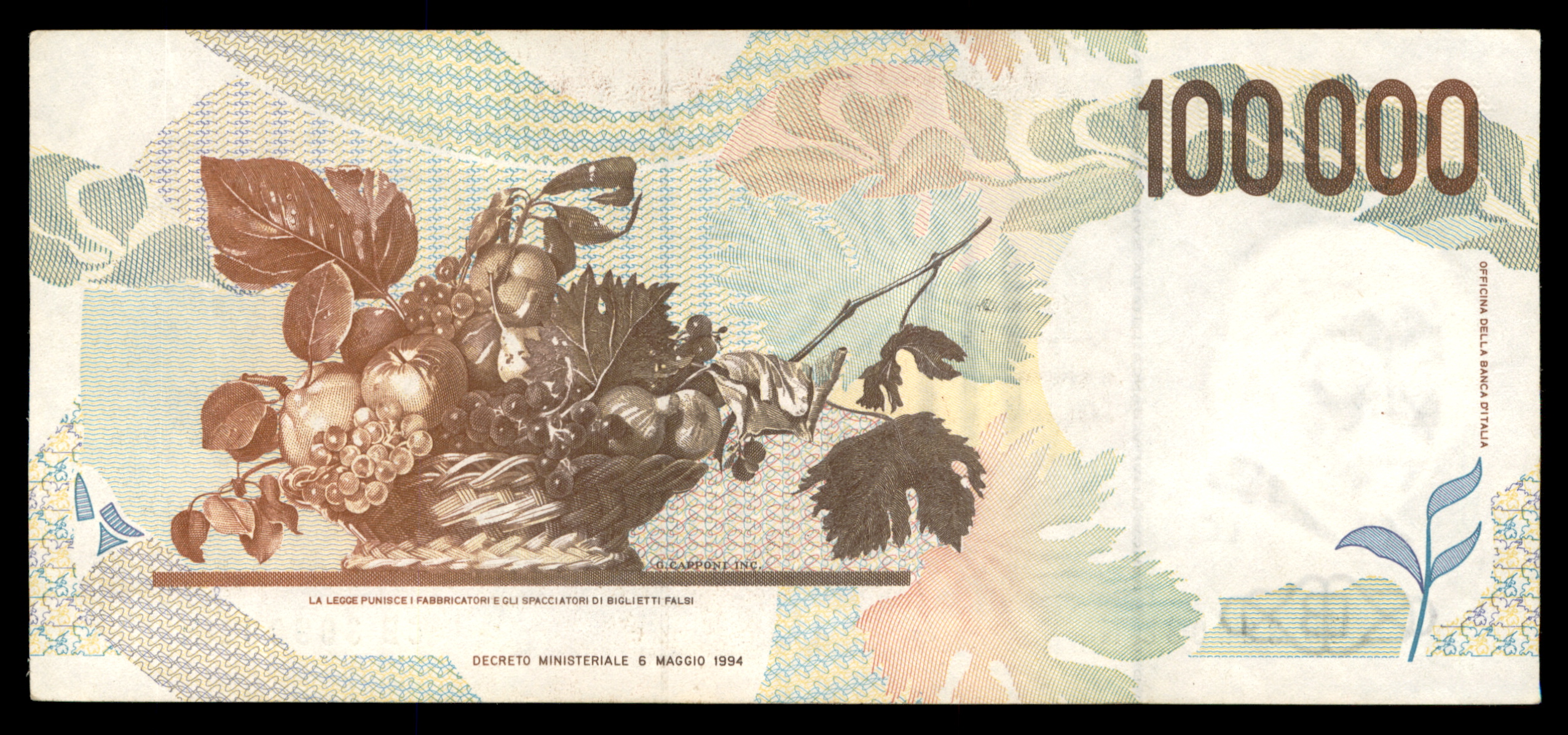 לוט 215 – שטרות איטליה – 100,000 לירה, קרוואג'ו, בנקו ד'איטליה | Lot 215 – Italy Banknotes – 100,000 Lire, Caravaggio, Banca d'Italia – תמונה 7