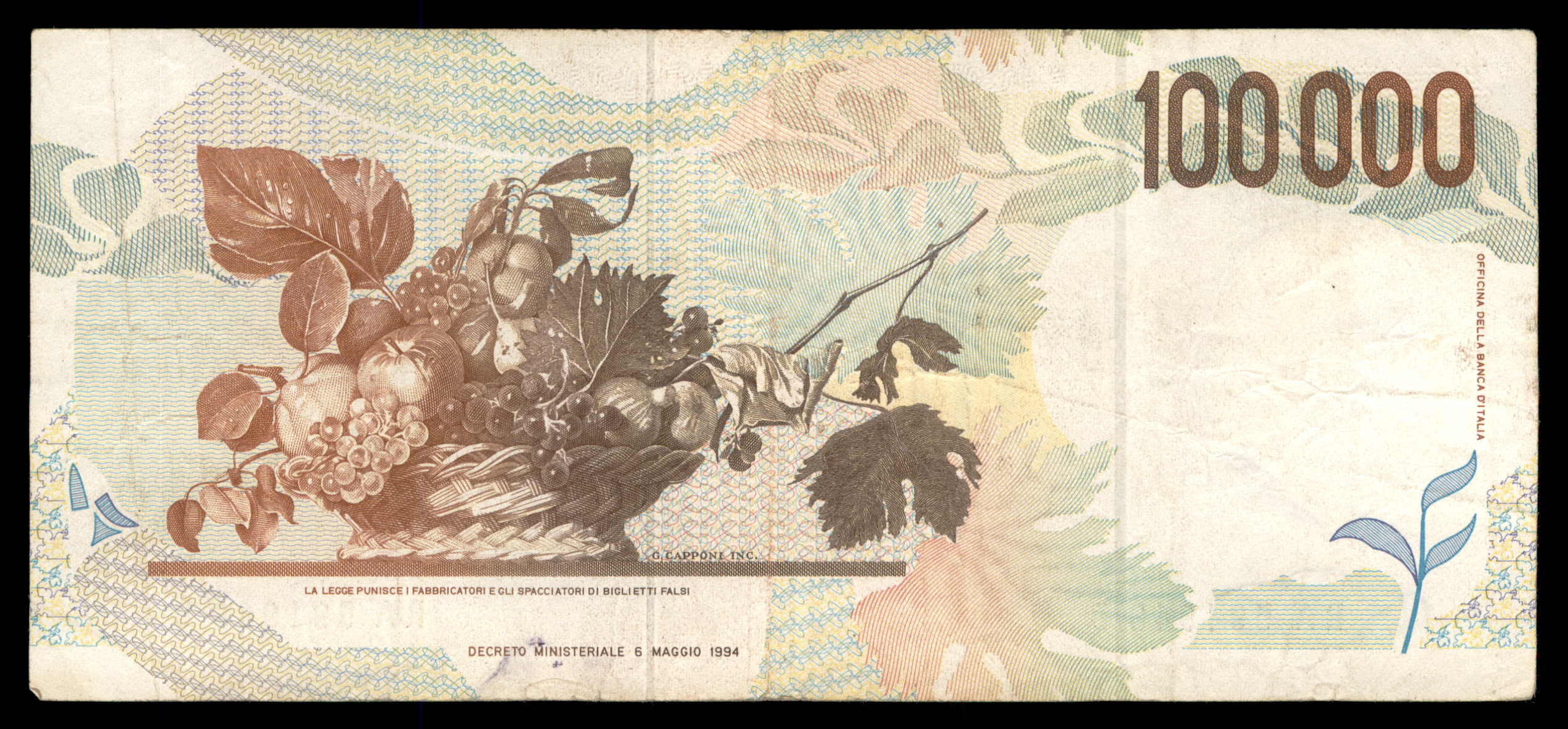 לוט 215 – שטרות איטליה – 100,000 לירה, קרוואג'ו, בנקו ד'איטליה | Lot 215 – Italy Banknotes – 100,000 Lire, Caravaggio, Banca d'Italia – תמונה 9