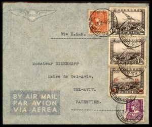 Lot 46 – Belgium to Palestine: KLM Airmail Cover, Brussels (Syndicat Belge) to Dizenhoff, Mayor of Tel-Aviv | מכתב בלגיה לפלשתינה: דואר אוויר KLM, בריסל לדיזנגוף ראש עיריית תל אביב
