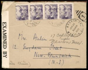 לוט 64 – מעטפה ספרדית מצונזרת במלחמת העולם ה-2, ספרד לניו ג'רזי, ארה"ב, 1942 | Lot 64 – Spain WWII Censored Cover: Barcelona to New Brunswick NJ, USA, 1942