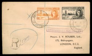 Lot 29 – Cayman Islands: Registered Cover "Damaged by Sea Water", George Town to London, 1946 | מעטפה רשומה איי קיימן: "ניזוקה במי ים" לונדון 1946