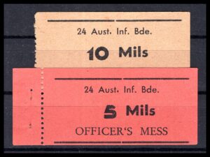 לוט 79 – אסימוני מזנון קציני "24 Aust. Inf. Bde." – 10 מיל ו-5 מיל, מלחמת העולם ה-2, פלשתינה | Lot 79 – WWII Australian Infantry Brigade Officers' Mess Tokens: "24 Aust. Inf. Bde." 10 & 5 Mils Palestine