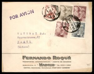 לוט 84 – מעטפת דואר אוויר ספרדית, "פרננדו רוקה, תחבורה בינלאומית, מדריד" לבאזל שוויץ | Lot 84 – Spain Airmail Cover "Fernando Roqué, Transportes Internacionales, Madrid" to Basel Switzerland