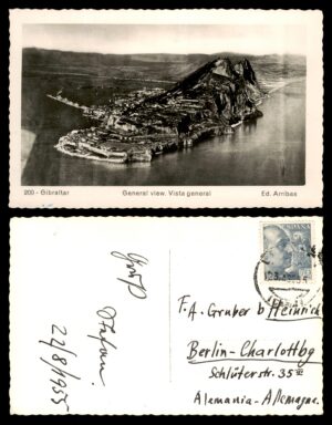 לוט 86 – גלויה ספרדית "ג'יברלטר – מבט כללי" עם בול פרנקו, לברלין, גרמניה | Lot 86 – Spanish Postcard "Gibraltar General View" with Franco Stamp, to Berlin Germany